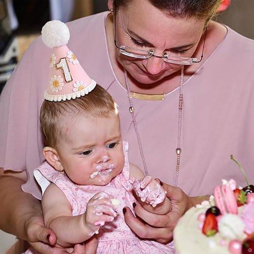 Yoolhamy 1st Birthday Hat for Baby Girls Boys, Boho First Birthday Hat, Handmade One Birthday Crown Conical Cap Decorations - Daisy Pink thumbnail 5