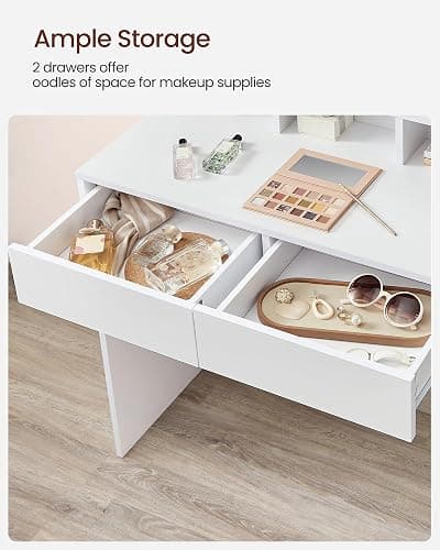 VASAGLE Vanity Desk with Mirror and Lights, Makeup Vanity with Large Mirror, LED Lights with Adjustable Brightness, Vanity Table, 2 Drawers, 3 Compartments, Modern Makeup Desk, Cloud White URDT120T14 thumbnail 6