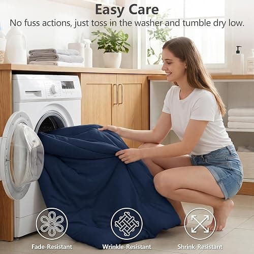 CozyLux Queen Comforter Set Navy Blue, 3 Pieces Lightweight Comforters Queen Size Quilted Bedding Sets, All Season Breathable Solid Down Alternative Comforter with 2 Pillowcases, Soft Bed Set for Home thumbnail 8