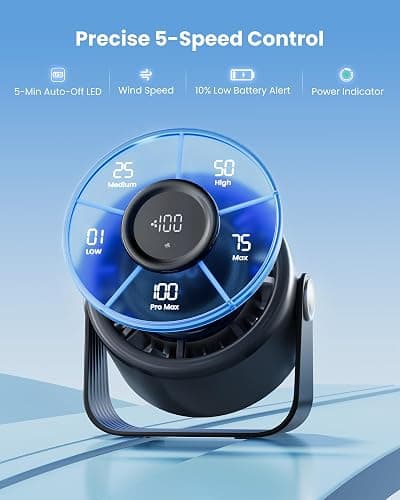 Gaiatop Small Desk Fan Rechargeable, Quiet Personal Table Fan, Touch Control Display, 360° Tilt, 5-Speed Strong Wind, 4000mAh Battery, Small Fans for Bedroom Dorm Office, Gifts for Women Men, Black thumbnail 7