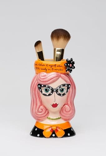 Cosmos Gifts Lady Pink Hair Pencil Vase, Makeup Brush Holder, 3 1/2" x 3" x 5 5/8" H, Multicolor (62609) thumbnail 3
