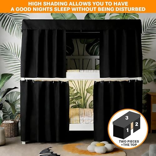 ziyue 3 Pcs Blackout Bunk Bed Curtains 78.7 * 59" Dorm Privacy Curtain | Thicken loft bed curtains with black shading coating, 99% blackout, 3 pcs 78.7*59", for top bunk, dorm thumbnail 3