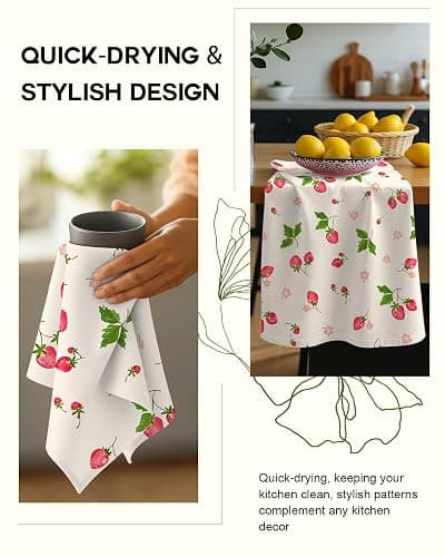 Miss Adola Flour Sack Kitchen Towels - Set of 2 Spring Dish Towels with Hanging Loop 18x26 Inch Absorbent Reusable Cotton Cloths for Cleaning Cute Design Home Decorative Housewarming, Color Strawberry thumbnail 5