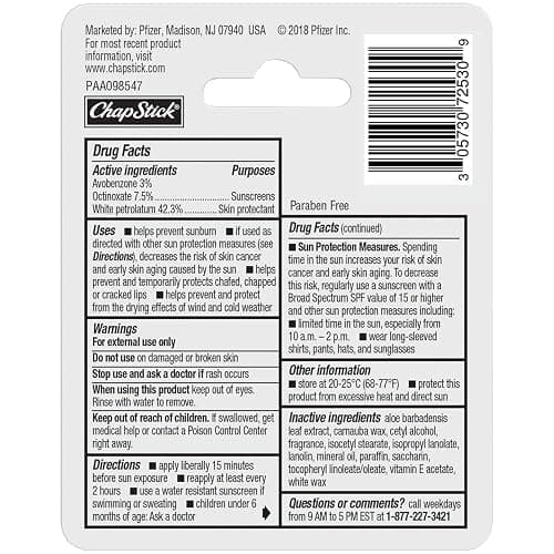 ChapStick Moisturizer Original Lip Balm Tubes, SPF 15 and Skin Protectant - 0.15 Oz (Pack of 3) thumbnail 3