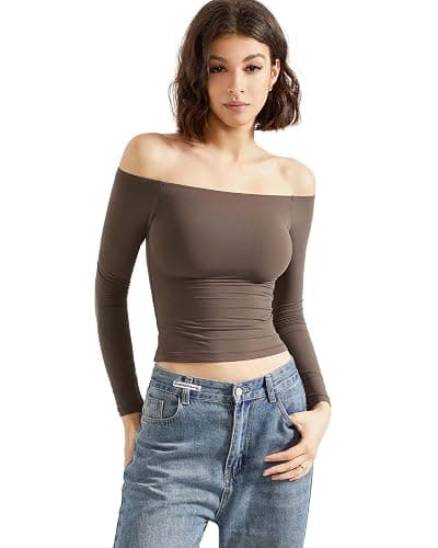 SUUKSESS Women Off Shoulder Double Lined Long Sleeve Shirts Basic Going Out Tops thumbnail 5