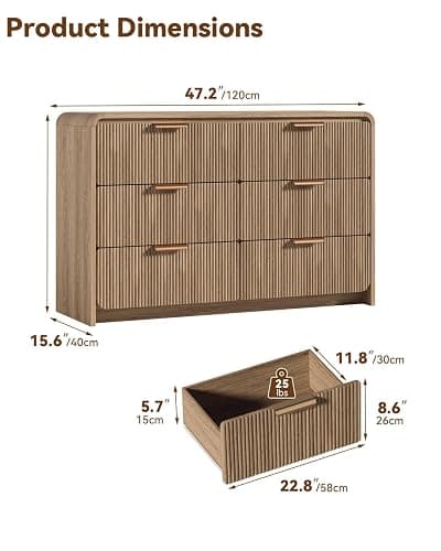 HOTALLOY 47" Wide Fluted 6 Drawer Dresser for Bedroom, Chest of Drawers with Curved Profile Design, Modern Wood Closet Clothes Storage Organizer for Bedroom, Living Room, Hallway, Light Walnut thumbnail 2