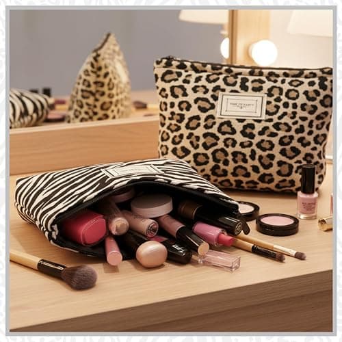 Sunolkie 2 Pack Makeup Bag for Women, Travel Cosmetic Pouch with Zebra Print & Leopard Print Design, Zipper Beauty Case, Toiletry Makeup Organizer for Women & Girls thumbnail 2