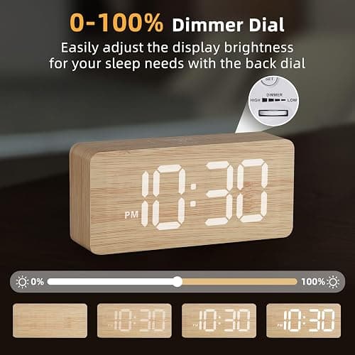 Wooden Digital Alarm Clocks for Bedrooms: Dimmable Dual Alarm Clock with Large Numbers for Bedside Desk - Bamboo thumbnail 4