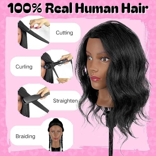 Opini Mannequin Head 100% Real Human Hair for Braiding with Tropid Stand | Cosmetology Mannequin Doll Head with Hair 18" for Hairdresser Salon Beginner Practice Braiding Hairstyling thumbnail 3