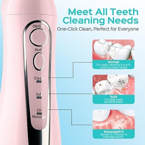 COSLUS Water Teeth Flosser: 300ML Electric Water Tooth Floss Cordless Jet Flossers for Teeth Cleaning IPX7 Waterproof Rechargeable Portable Travel Floss Light-Pink thumbnail 5