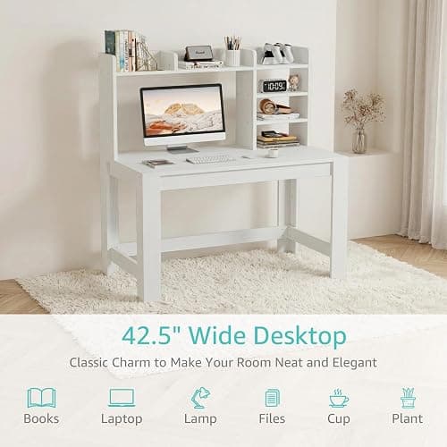 WINAZ 43" White Student Desk with Hutch and Built-in Power Outlet | Computer Writing Desk with Storage Shelves for Small Space, Modern Home Office Workstation for Bedroom Dorm thumbnail 7