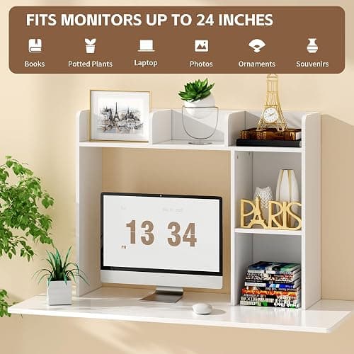 BEHOO Desktop Bookshelf for Computer Desk, 5 Shelves Desk Hutch Shelf for College Dorm, 3-Tiers Countertop Storage Hutch, Wooden Desktop Hutch Organizer thumbnail 4