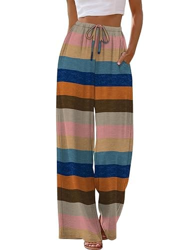 Sampeel Wide Leg Pants for Women Flowy Palazzo Drawstring Elastic Waist Trousers with Pockets Summer Beach Vacation Clothes thumbnail 2