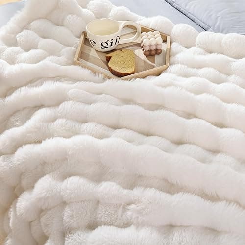 YIKUSH Faux Fur Blanket Fleece Cream White Fluffy Blanket for Sofa, Cozy Soft Plush Throw Blanket for Couch Bed, Luxury Thick Fuzzy Couch Blanket for Winter, Comfy Bubble Blanket - 50" x 60" thumbnail 2