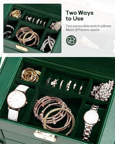 Homde Synthetic Leather Huge Jewelry Box Mirrored Watch Organizer Necklace Ring Earring Storage Lockable Gift Case (Forest Green + Gold) thumbnail 5