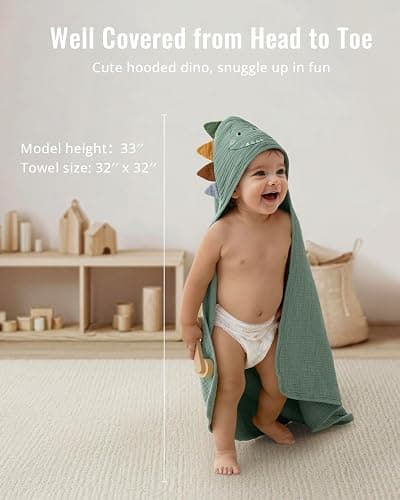Blissful Diary Muslin Baby Hooded Towel, Soft and Absorbent Bath Towel for Newborn, Infant, Toddler, Unisex, 32″x32″ - Roguish Dino thumbnail 5