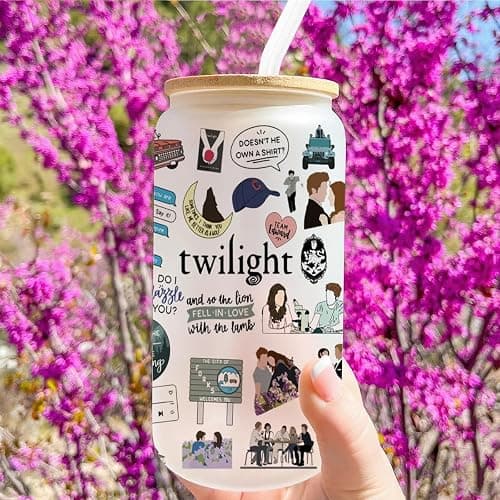LONGXIN Twilight Merch Vampire Lover Iced Coffee Cup Edward's Girl Gift Movie Inspired Gifts Forks Washington Twilight Gifts for Movie Fans Teen Girls Women 16 oz Coffee Glass Cup with Lid Straw thumbnail 2