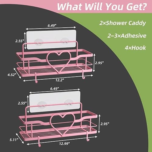 FLCITY Pink Shower Caddy with 4 Removable Hooks, 2 Pack Sweet Heart Shower Shelves,No Drilling Adhesive Organizer Shelf for Bathroom Shower,Kitchen,Bedroom thumbnail 3