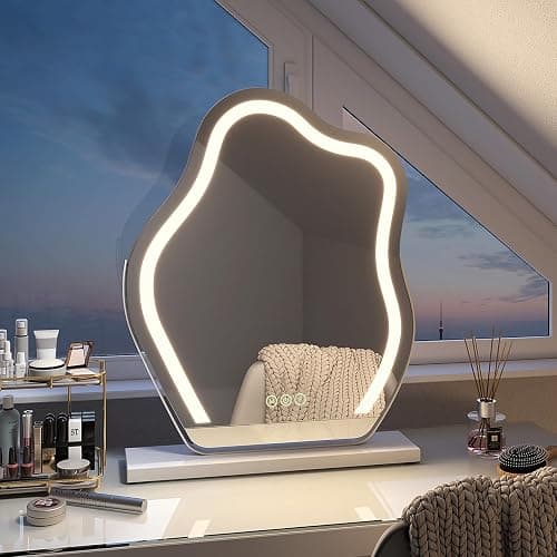 EMKE Hollywood Spiegel mit Beleuchtung, 3 Lichtfarben dimmbar, Schminkspiegel mit Beleuchtung, Schminktischspiegel mit Touch, 360 Grad Drehbar, asymmetrischer Spiegel 58x45cm (Weiß) - Image 1