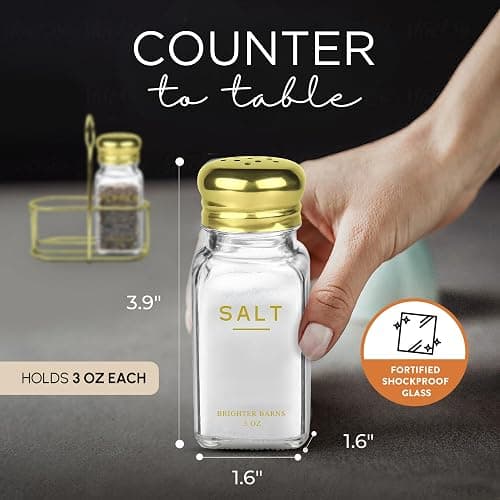 Gold Salt and Pepper Shakers Set with Holder by Brighter Barns - Luxury Kitchen Decor & Accessories - Modern Glass Shakers with Stand & Stainless Steel Lids for Neutral Home, Restaurants (Clear/Gold) thumbnail 2