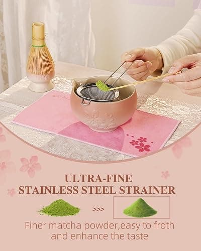 ZENS Matcha Whisk Set, Pink Ceramic Matcha Bowl with Embossed Sakura, 6pcs Matcha Tea Kit Includes Bamboo Whisk, (Chasen Holder) Scoop & Sifter, Tea Towel for Matcha Ceremony, Pink thumbnail 3