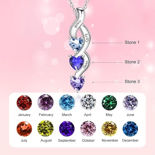 MissNaNa Sterling Silver Personalized Mothers Necklace with Simulated Birthstones Engraved 1-6 Children Names Custom Love Heart Pendant Family Necklace for Women Mother's Day Birthday thumbnail 2