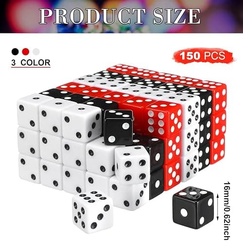Poen 150 Pcs Dice Set 16mm Standard Game Dice Bulk Black White Red Acrylic Casino 6 Sided for Casino Night Party Decor, Craps, Board and Tabletop Games thumbnail 3