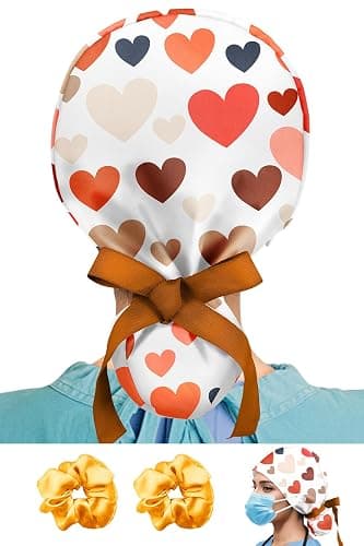Plifal 100% Cotton Scrub Cap with Buttons & Sweatband - Adjustable Surgical Cap Working Hat, 2 Scrunchies for Nurse Long Hair - Image 1