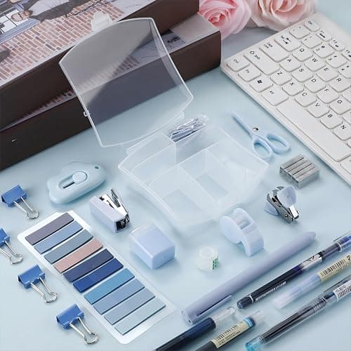 Colarr Mini Office Supply Kit Includes Stapler Tape Dispenser Staple Remover Paper Clips Scissor Staples Pen Sharpener Note Small Telescopic Knife for Office and School Clerk Student (Blue) thumbnail 2