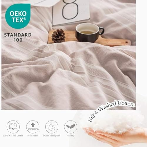 BISELINA Striped Duvet Cover Set 3pcs 100% Washed Cotton Linen Like Textured with Bowknot Bow Ties Strap Reversible Breathable Soft Comfy Chic Yarn Dyed Bedding (King, Cream Tan) thumbnail 2