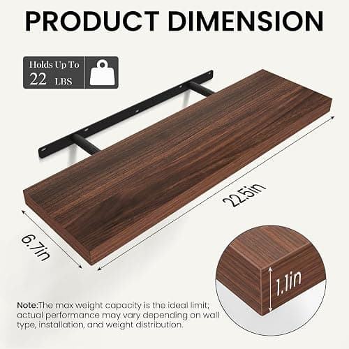 BAYKA Walnut-Like Floating Shelves 22.5in, 3Pack, Wall Mounted Wall Decor | Easy Install, 22lbs Max Load, Hidden Bracket, Shelf for Bathroom Bedroom Kitchen Books Display Storage, Multi-Wall Compatible thumbnail 3
