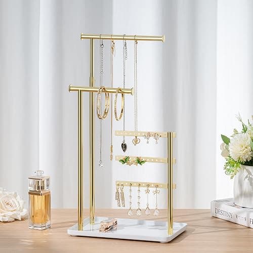 susswiff Jewelry Holder Organizer Stand - Adjustable Tall 17.5" (Max), Gift for Women, Mirrored Gold Jewelry Hanger for Necklaces, Earrings, Bracelets, Rings thumbnail 2