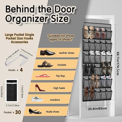 Kotkn Over the Door Shoe Organizer with 30 Breathable Mesh Pockets - Large Capacity Closet Storage for Men & Women, Hanging Shoe Rack Organizer (Gray) thumbnail 3
