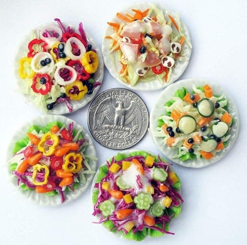 5 Assorted Salad with Plate for Dollhouse Miniature Food 1:6 Scale Realistic Clay Food for Dollhouses, Doll Accessories (A) - A thumbnail 7