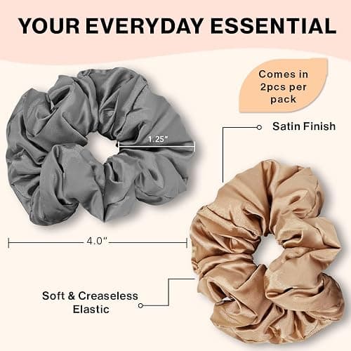 Kitsch Satin Scrunchies for Women - No Crease Hair Ties for Girls | Big Scrunchies for All Hair Types and Textures, Perfect for Day or Night | Ideal Gifts for Women - 2 Pcs, Charcoal and Gold thumbnail 2