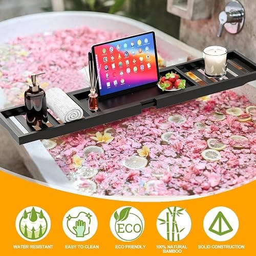 Bathtub Tray Black - Bath Tray Expandable - Bath Table Trays for Bathtub/Tub,Premium Bamboo Wooden, Fits Most Bath Tubs thumbnail 6