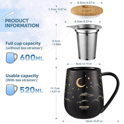 ecooe Teetasse mit Deckel und Sieb - 600 ml Keramik Tee Tasse Große Teetassen mit Edelstahl Teesieb und Deckel, Schwarz Keramik Teebecher Set mit Henkel für Losen Tee thumbnail 3