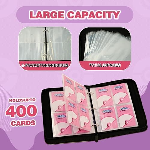 MonBel 4 Pocket Trading Card Binder - Holds 400 Cards with 50 Removable Sleeves, Premium PU Card Album for TCG, MTG, Sports Cards, Pink thumbnail 5