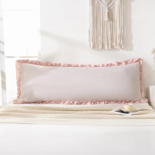 Merryword Beige & Pink Reversible Body Pillow - 20x54inches, Ruffled Long Pillowcase (1 Body) - Image 1