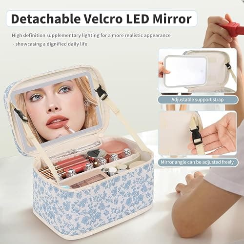 Makeup Bag With LED Mirror, Lightweight Travel Makeup Bag With 3 Color Setting Light Up Mirror Cosmetic Makeup Organizer Vanity Case for Women Beauty Tools Accessories Rechargeable Train Case-Floral thumbnail 3