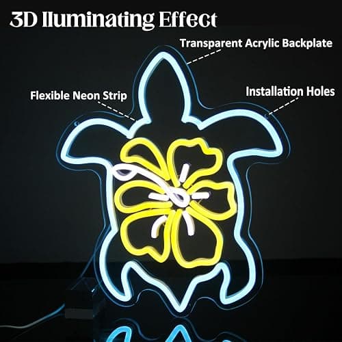 Sea Turtle Hibiscus Neon Signs for Wall Decor Blue Turtle Neon Light Yellow Flower LED Neon Wall Sign Ocean Neon Light Up Sign for Bedroom Living Room Office Decor Sea Turtle Gifts - Blue Yellow White thumbnail 6