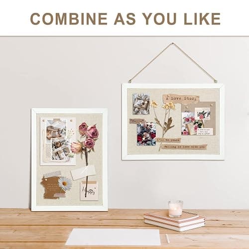 AMUSIGHT 2-Pack Double-Sided Cork Board with Linen, 16" x 12" Hanging Wood Framed Bulletin Board, Picture Display Vision Board Kit Corkboards for Wall School Office Decor, 20 Pushpins (Vintage White) thumbnail 7