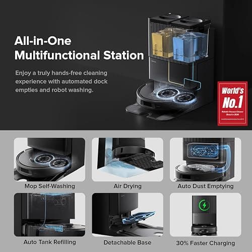 roborock Qrevo Series Robot Vacuum and Mop, 8000Pa Suction, Upgraded from Qrevo S, Anti-Tangle Brushes, Smart Obstacle Avoidance, Auto Mop Washing, All-in-One Dock, 200RPM Spinning Mops, Black(QV 35A) thumbnail 2