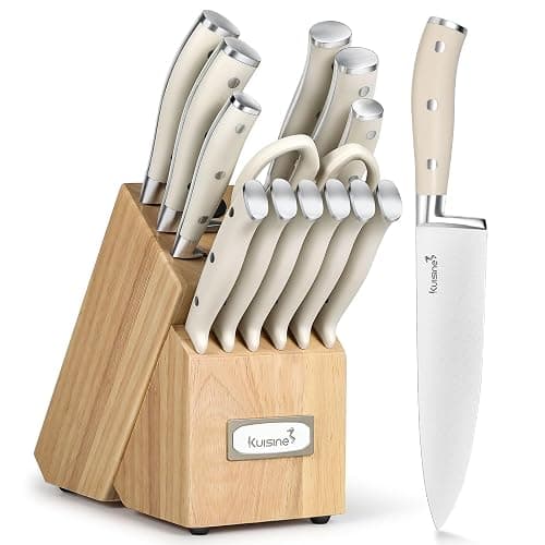 Kuisine Chef Knife Set,High Carbon Stainless Steel Ultra Sharp Blade Ergonomic Handle,Kitchen Knife Block Set with Built-in Sharpener, Elegant Gift for Holiday(Ivory Pro,15PCS) - Image 1