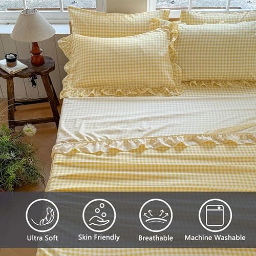 NSNLGSGC Yellow Gingham Ruffle Queen Sheet Set | Soft Pre-Washed Microfiber, Plaid, 4-Pieces, Farmhouse, Deep Pocket thumbnail 2