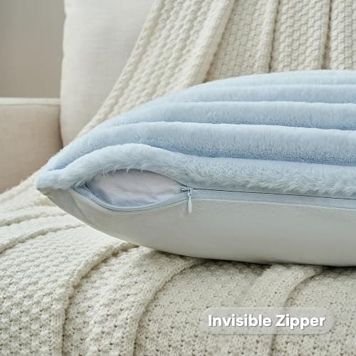 FUTEI Light Blue Striped Decorative Throw Pillow Covers 18x18 Inch Set of 2,Square Winter Decorations Couch Pillow Case,Soft Cozy Faux Rabbit Fur & Velvet Back,Modern Home Decor for Bed thumbnail 3