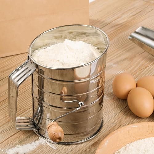Flour Sifter, 3 Cup Flour Sifter for Baking Fine Mesh Rotary Hand Crank with Loop Agitator for Quick Sifting, Flour Sifter Stainlees Steel, Crank Sifter Flour for Baking Cakes and Spices Toresano thumbnail 2