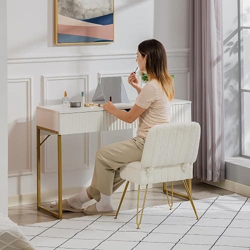 Manyday Vanity Chair with Storage, Comfy Ottoman with Folding Back, Faux Fur Vanity Stool with 4 Metal Legs for Make Up, Furry Padded Seat with Anti-Slip Feet for Bedroom Dressing Room thumbnail 2