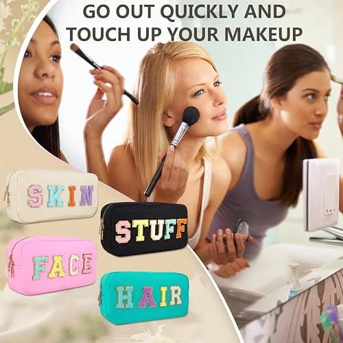 4PCS Nylon Zipper Waterproof Preppy Makeup Organizer Bag Set - Cosmetic Stuff Pouch for Women Travel Toiletry Organization Outdoor with Chenille Letter Patches thumbnail 7