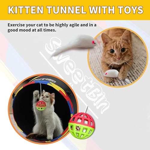 SweetBin 4 Way Large Cat Tunnels for Indoor Cats - 10" Diameter & 47" Long Play Tunnel Toy - Cat Tube with Play Ball & Mouse Toy - Interactive Peephole (Black) thumbnail 6